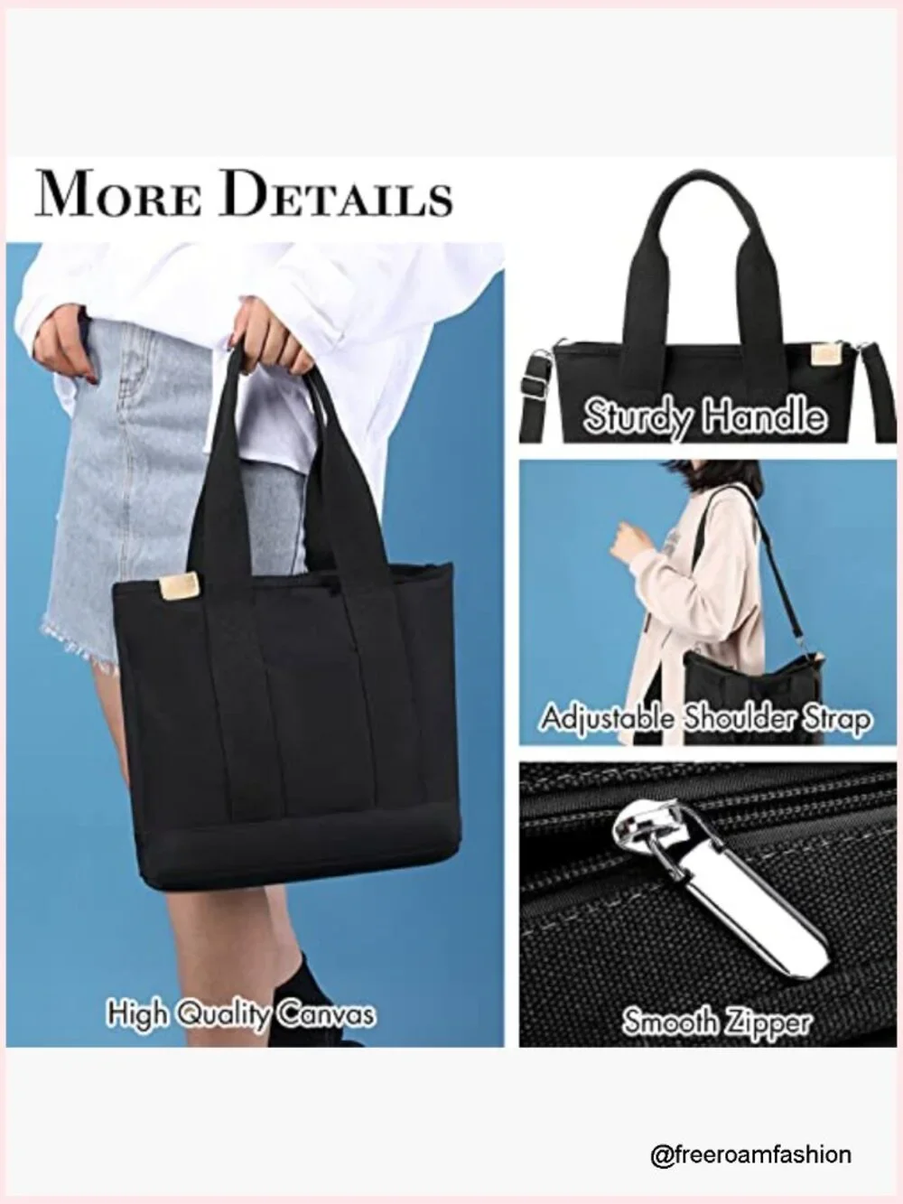 Canvas Tote Bag with Zipper, Adjustable Strap, 5 Pockets, 2 Sizes